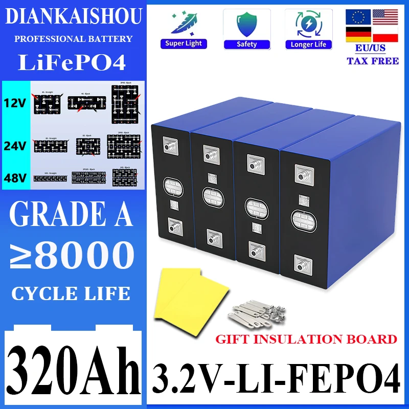 

New 8000 Cycles 320Ah 3.2V Lifepo4 Battery Grade A Rechargeable Batteries DIY 12V 24V 48V RV EV Boat Yacht Vans Cells tax free