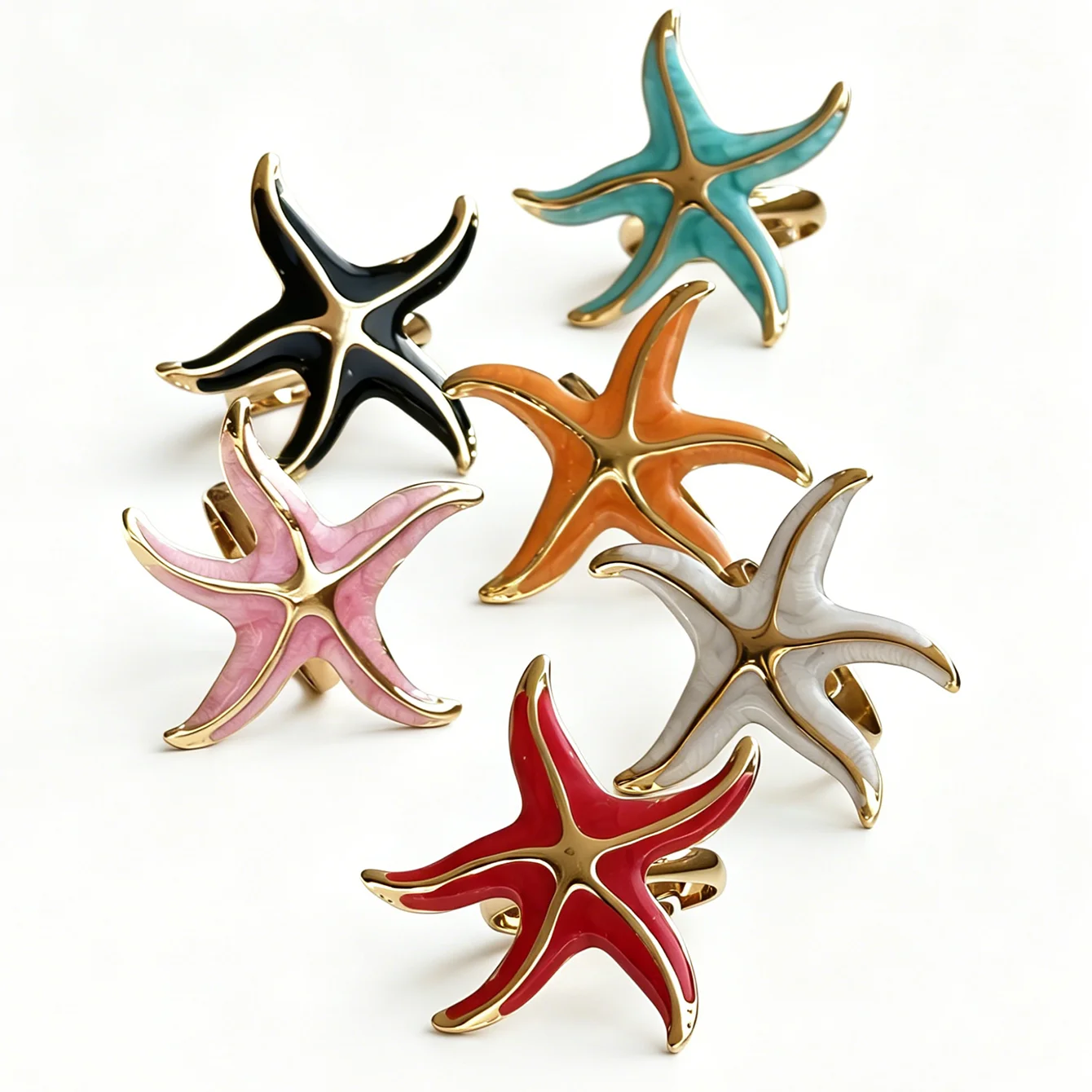 Chic Starfish French Retro Gold Plated Sea Star Open Ring Aesthetic Sculptural Ocean Statement Jewelry Vibrant Colorful Holiday