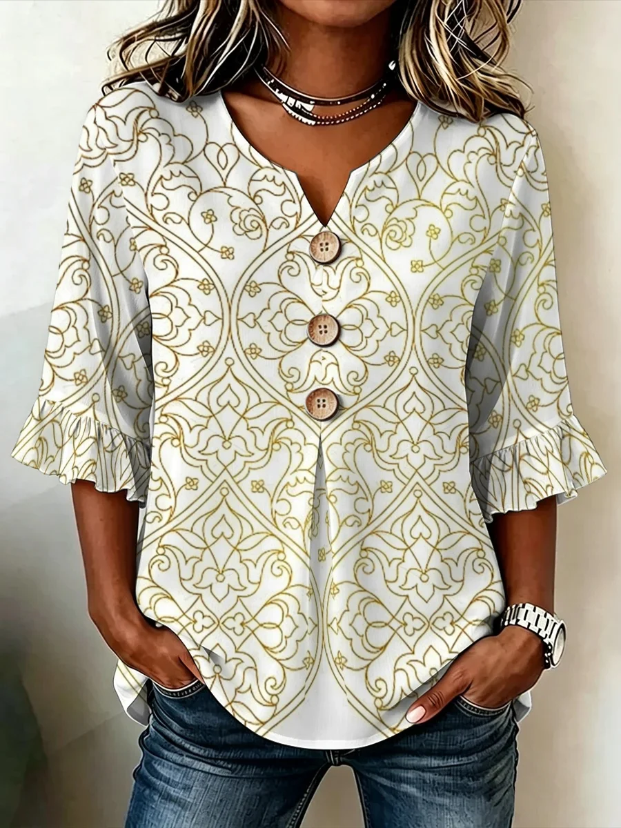 Summer 3/4 Sleeve V‑Neck Printed Blouse, Minimalist High‑End Pattern Top for Street Outing & Business Social Occasions