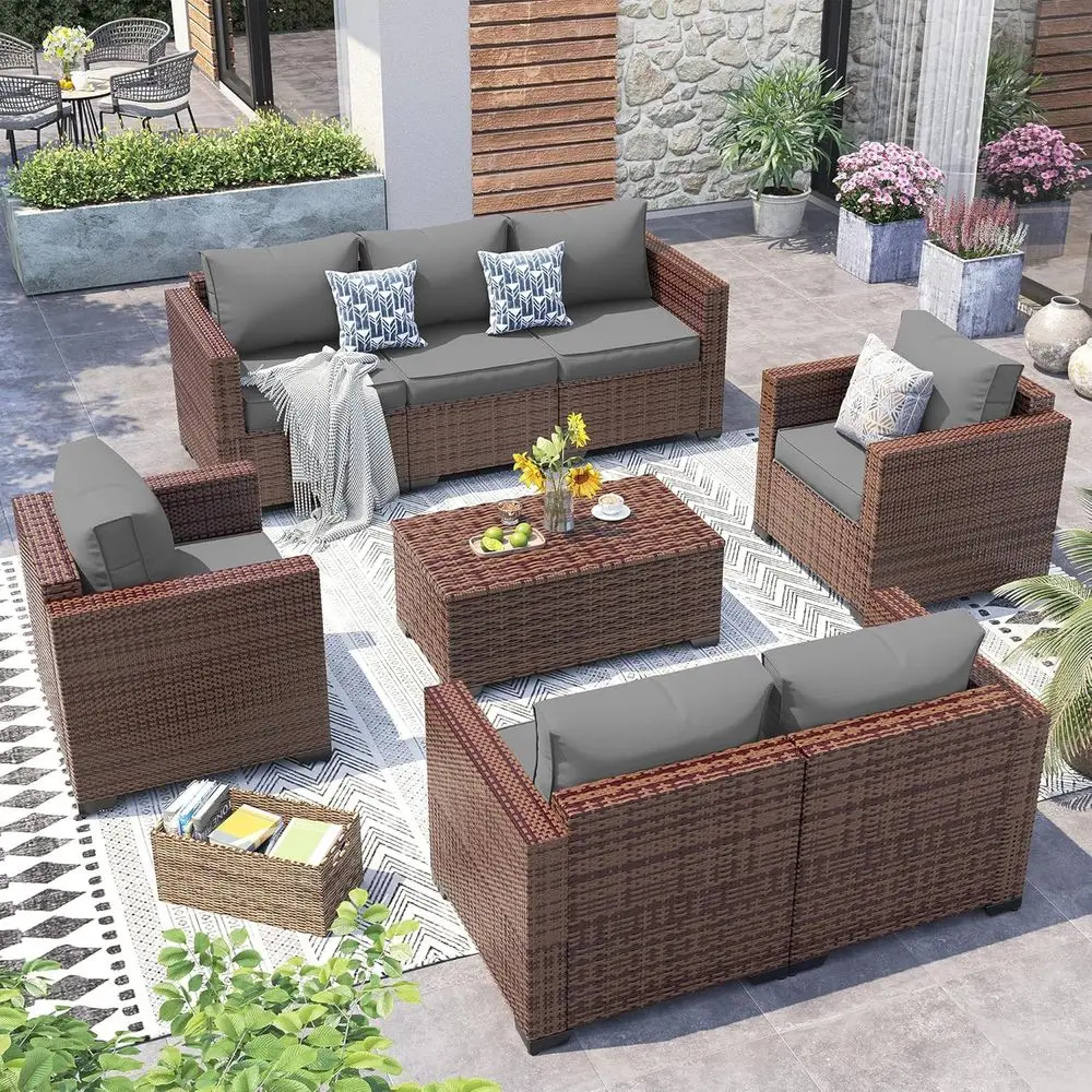 

5-Piece Wide Armrest Outdoor Furniture Set with 4 Cushions, Grey Wicker Patio Conversation Sets with Waterproof Covers