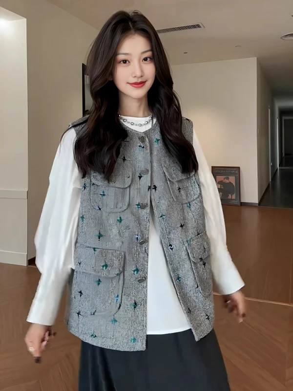 

Женский кардиган-жилет больших размеров, весенняя новинка, для многослойных образов, с круглым вырезом, на одной пуговице, однотонный