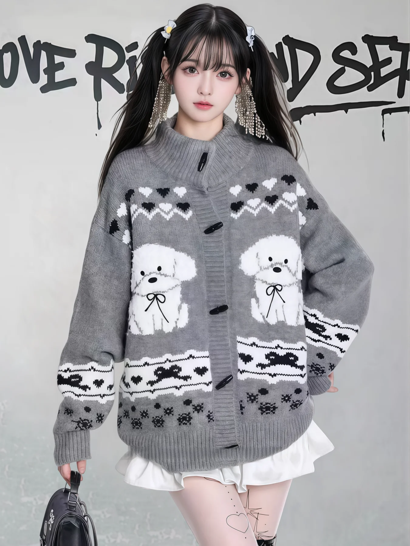 

Retro American Cartoon Dog Fair Isle Knitted Open Cardigan Women's Autumn Winter Lazy Home Cute Soft Sweater Top