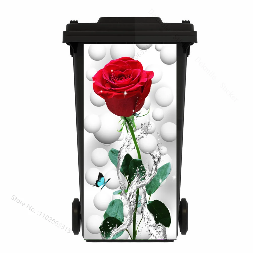 Flowers Trash Can Mural Stickers Self-Adhesive Removable Kitchen Rubbish Bin Landscape Decorative Outdoor Garbage Can Art Decals