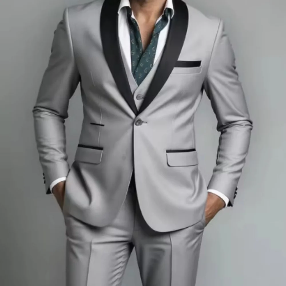 

Men's Black White Slim Fit Three Piece Suit Set Large Size Autumn Wedding Party Blazer Coat Pants Vest Fashion Male Outfit