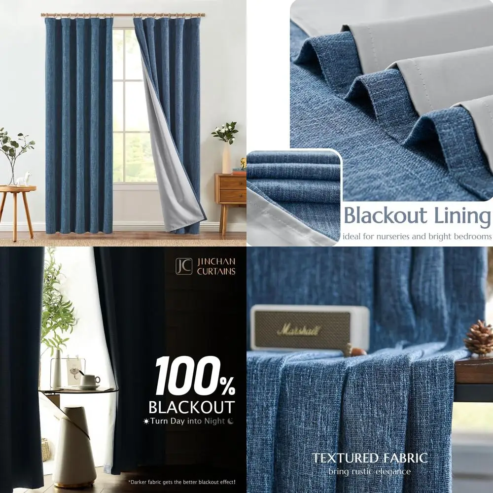 Französische Landhaus-Verdunkelungsvorhänge mit Leinenstruktur, 84 lang, für Wohnzimmer und Schlafzimmer, Blau, 2-teiliges Set