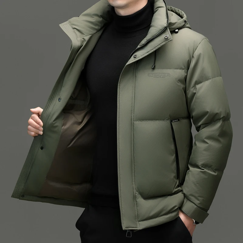 men's winter hooded down jacket Warm and windproof thickened black down jacket for men Fashionable winter white duck down jacket