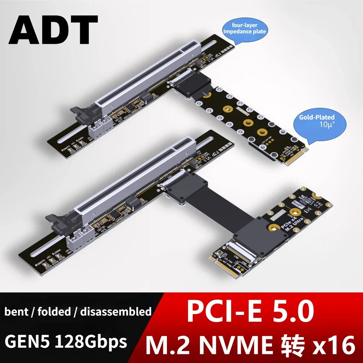 GEN5 M.2 NGFF NVMe Key M to PCI-E 5.0 x16 Graphics Card FFC Extension Cable M.2 Turn 90 Angled 16x M.2 M2 Riser Card GPU Adapter