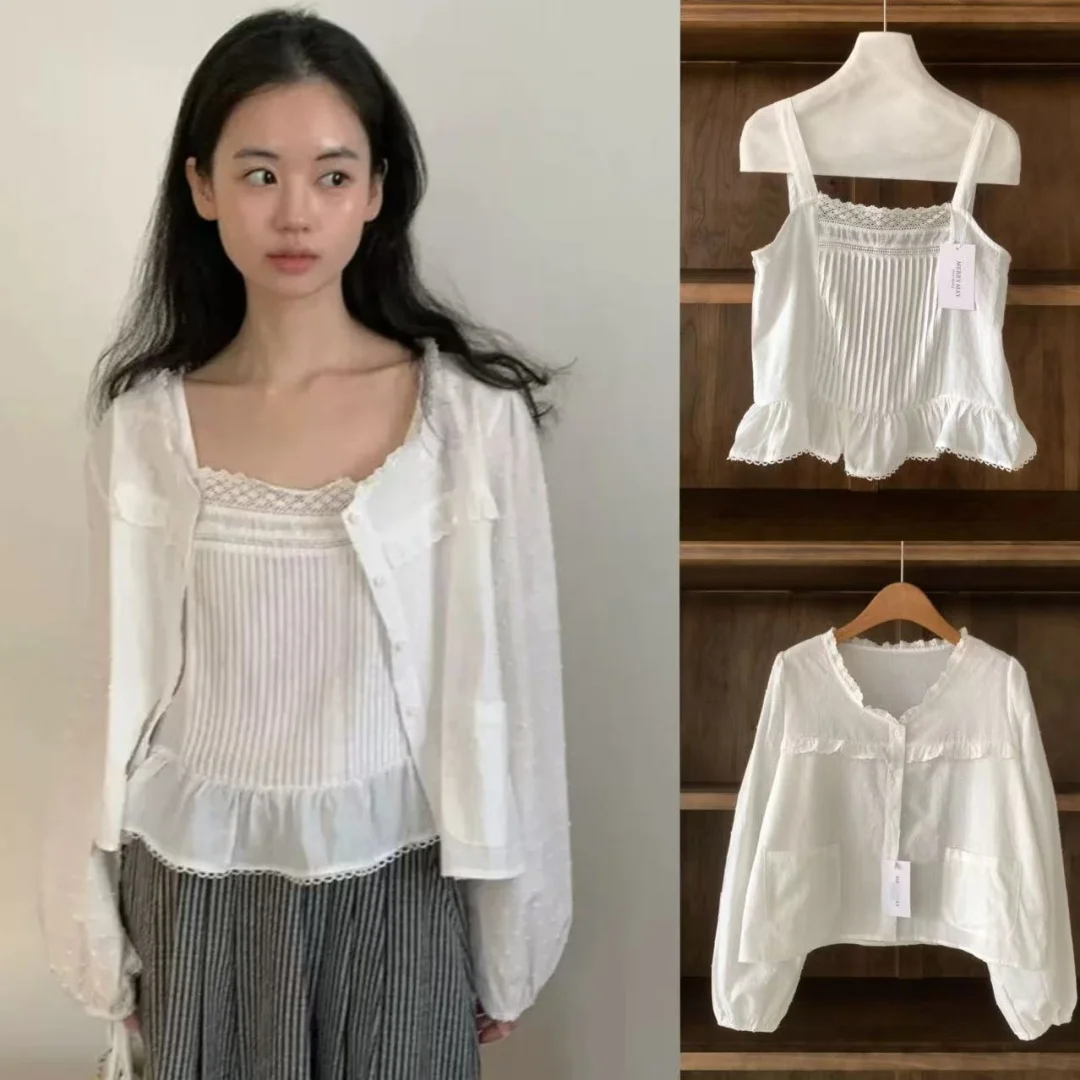 

Summer 2025 Long Sleeve Lace Shirt Pleated 3D Floral Set with Strap Outerwear Elegant Fashion Women's Ensemble