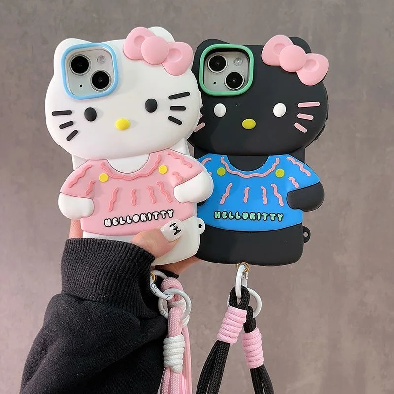 

Cute Sanrios Hello Kitty pink black with bracelet silicone soft shell Phone Cases For iPhone 15 14 13 12 11 Pro Max Back Cover