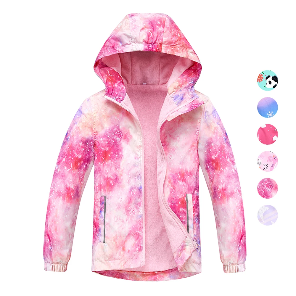 

4-12T Spring Girls Full Sleeves Hooded Outer Jackets Autumn Children Plush Lined Windproof Coats Pockets Elastic Cuffs Outerwear