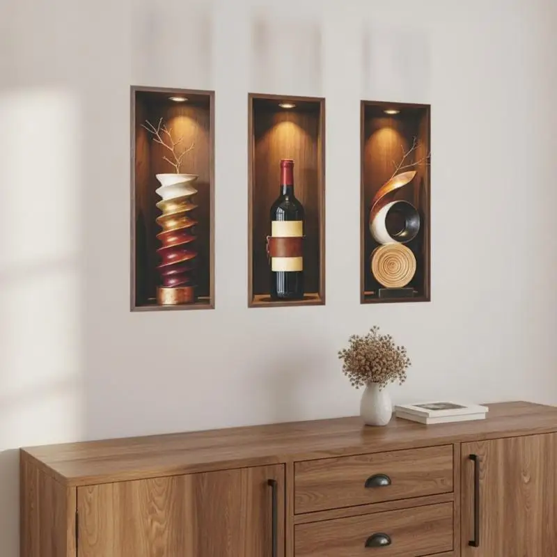 3D Wine Cabinet Niche Wall Sticker 3Pcs Peel and Stick Eco-Friendly Wine Bottle Mural for Home Kitchen Bar Cafe Decor