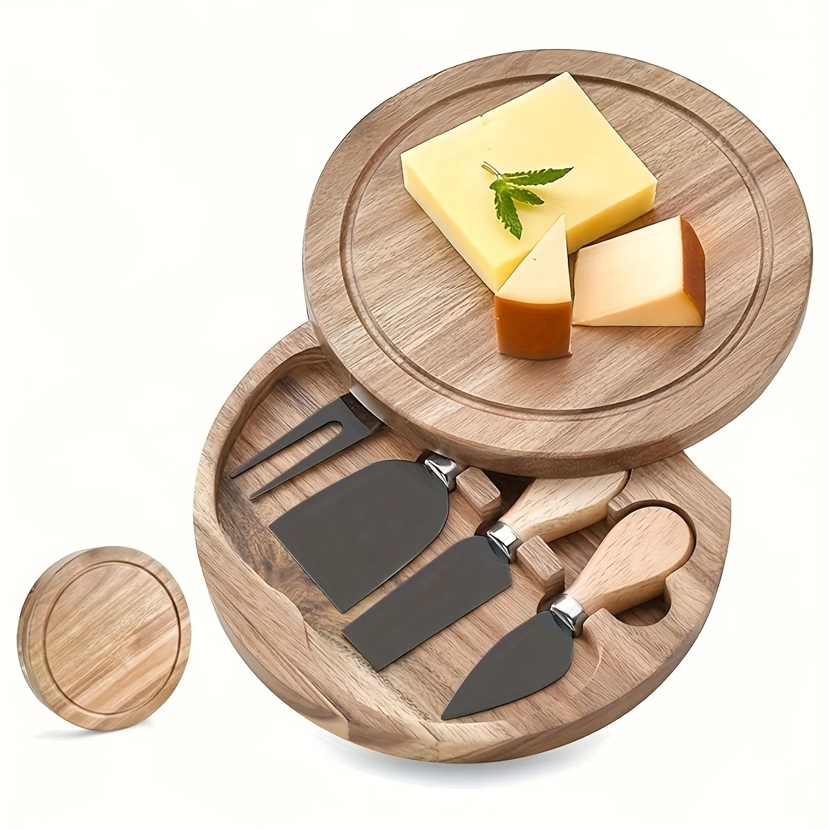 

D2 Round Cheese Board and Knife Set（4 pack）, Oak Charcuterie Board Set and Cheese Serving Platter, 7.8 inch Cheese Cutting Board