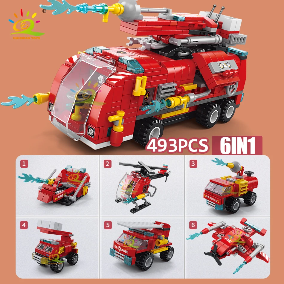 HUIQIBAO 493pcs 6in1 Fire Truck Building Blocks Firefighting Car Set Fireman Figure Bricks City Construction Toy for Children