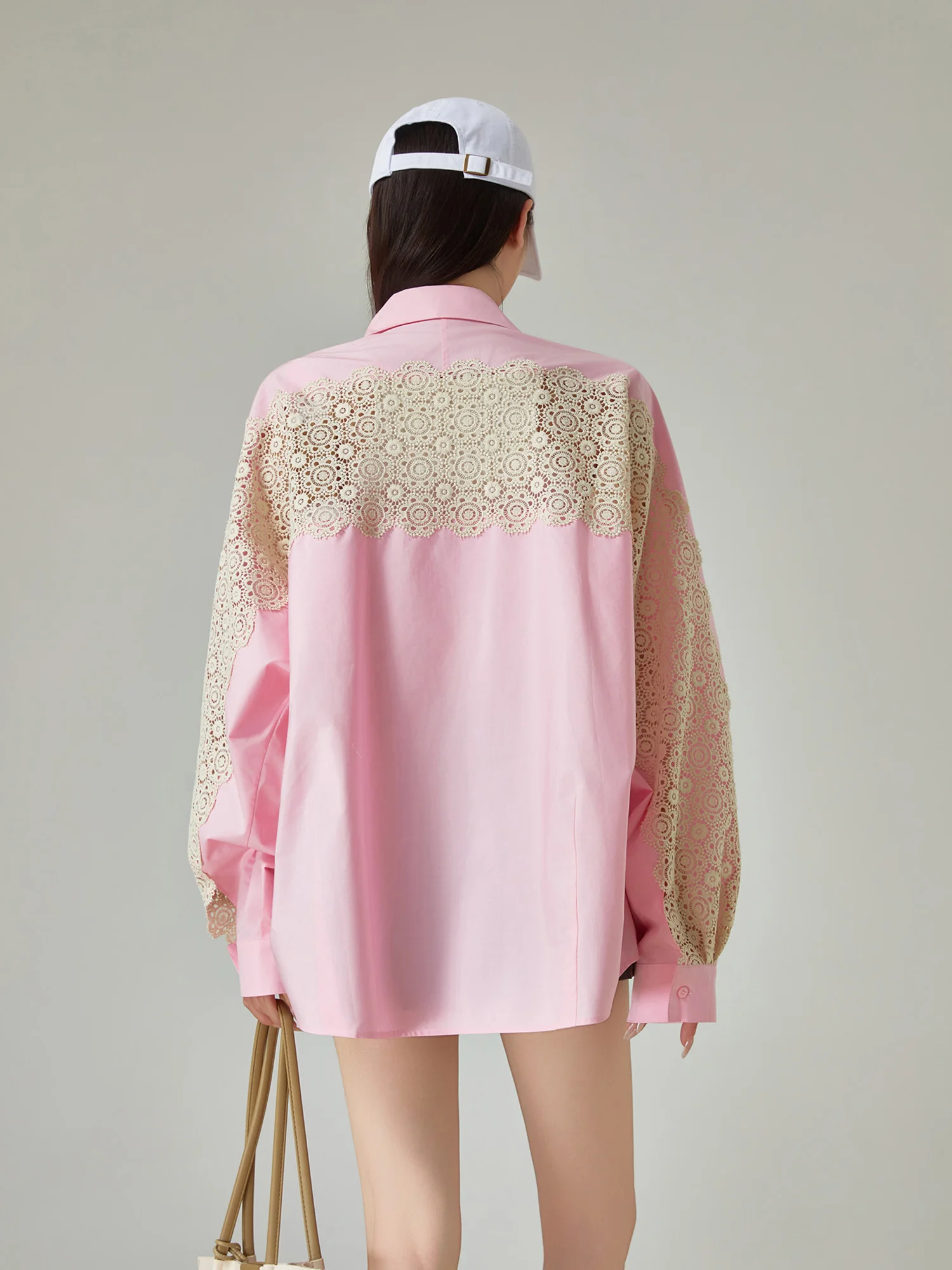 

Pink Lace Hollow Splicing Long Sve irt Women's Summer New Holiday Loose Silhouette Turn-down Collar Top Commute Sle