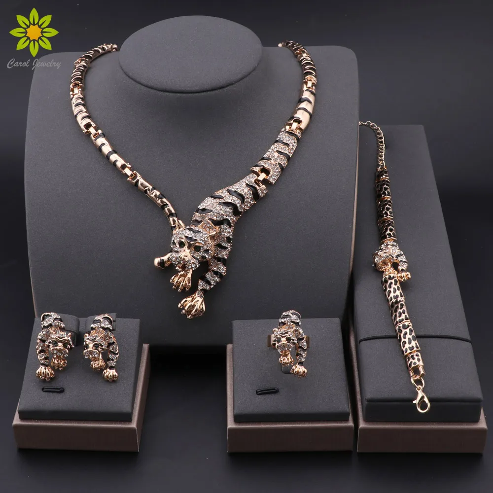 

Leopard Panther Animal Jewelry Set Enamel Crystal Gold Color Necklace Earrings Bracelet Ring Set For Women Party Jewelry