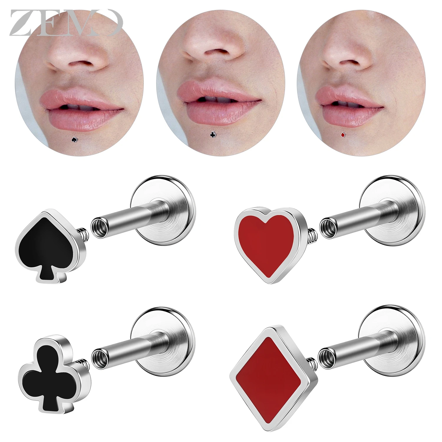 ZEMO 1 PC Internal Thread 16G Stainless Steel Lip Studs Unisex Labret Lip Piercings Playing Card Poker Ear Tragus Helix Piercing