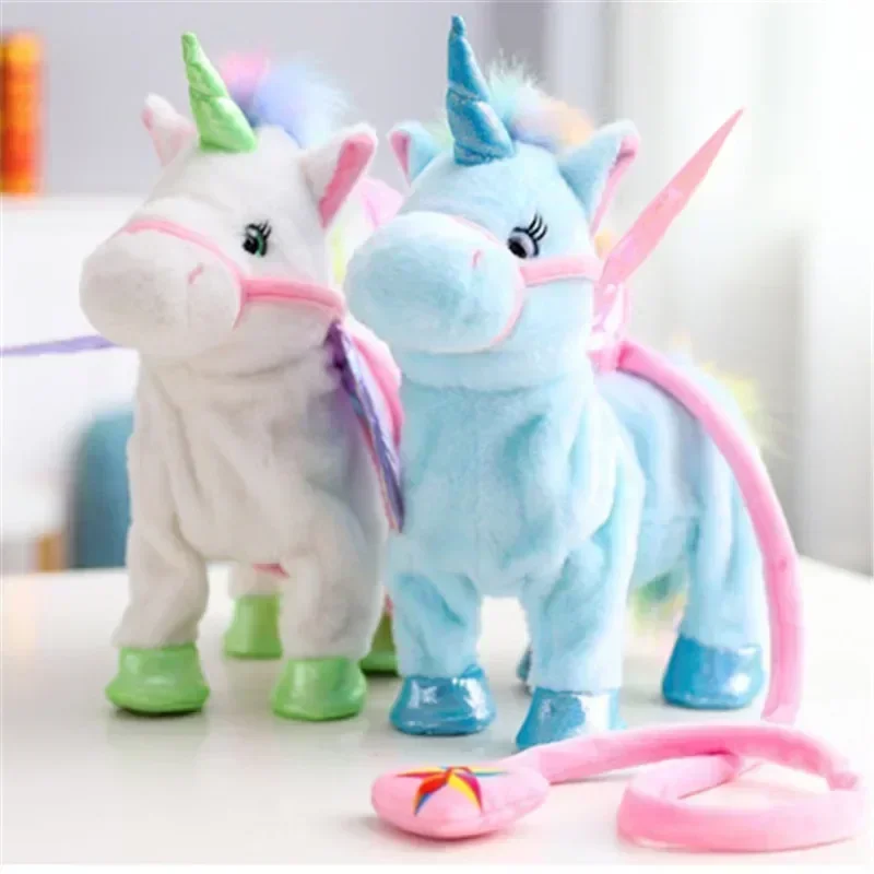 Figura de acción de caballo de Ángel con correa de unicornio, juguete de peluche eléctrico para caminar y cantar