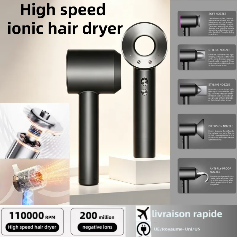 

Powerful silent negative ion hair dryer with high-speed no-blade design. Quick drying. Portable, perfect for home and travel.