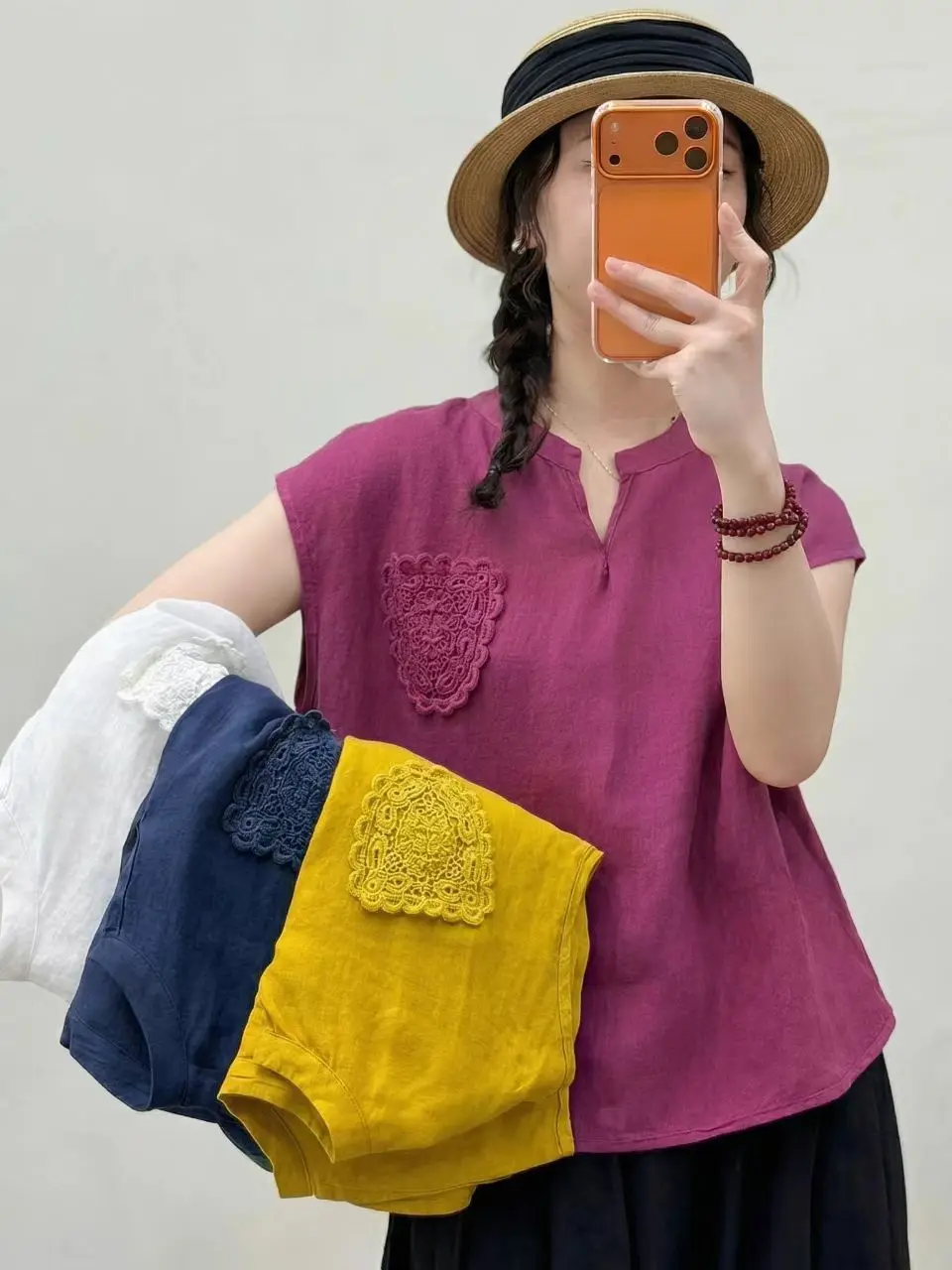 

Summer 2026 Casual Large Size Women's Linen Vest Pure Color Lace Pocket Fly Sleeve V-neck Trendy Top Commute Loose Fit ...