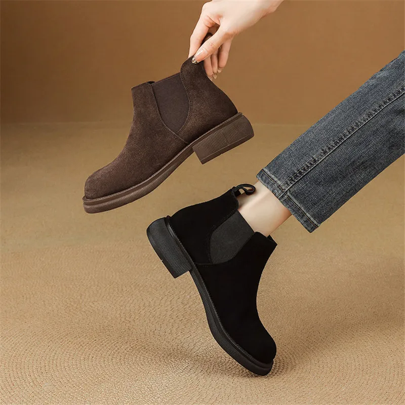 

New Autumn Winter Cow Suede Women Boots Round Toe Boots for Women Fashion Versatile Mid Heels Ankle Boots Handmade Short Boot
