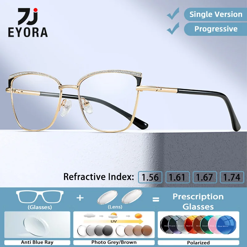 

EYORA Luxury Metal Women Fashion Reading Glasses Myopia Eyewear Hyperopia Anti Blue Ray Progressive Photochromic Eyewear Lenses