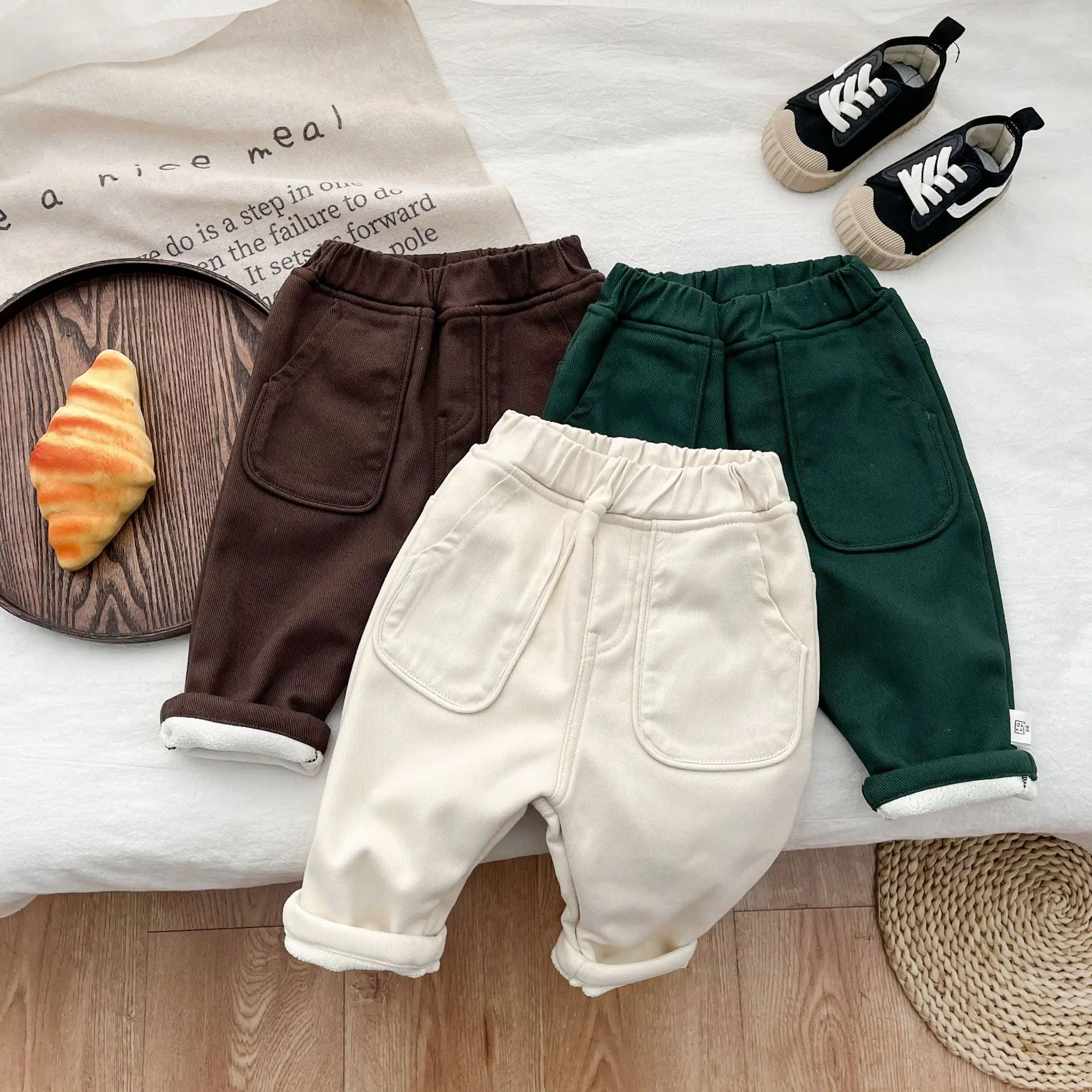 

Baby Clothing Boys Cashmere Casual Pants 2023 Autumn and Winter Simple Style Cotton Cashmere Thick Warm Kids Loose Pants