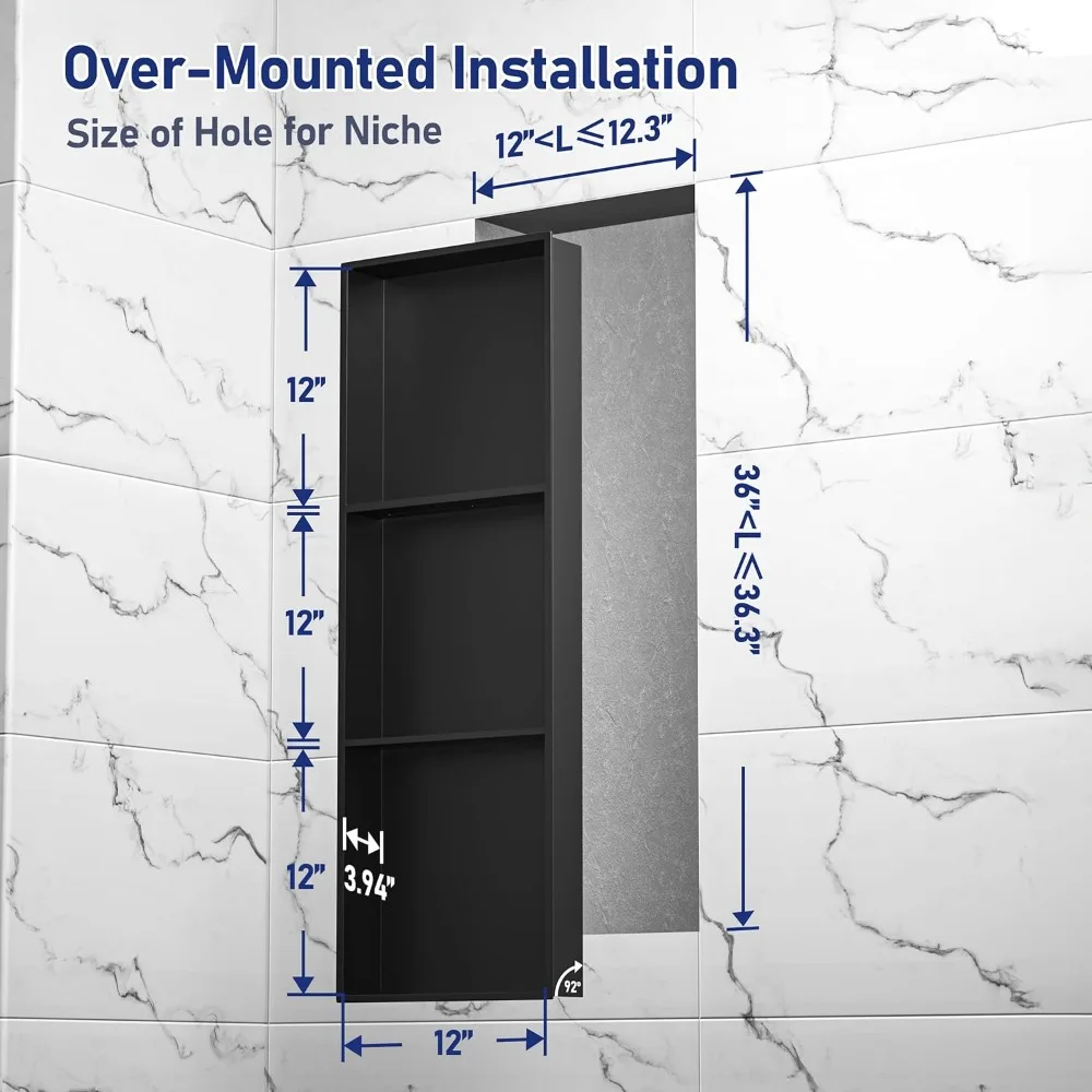 Stainless Steel Shower Niche 36" X 12" Matte Black No Tile Needed