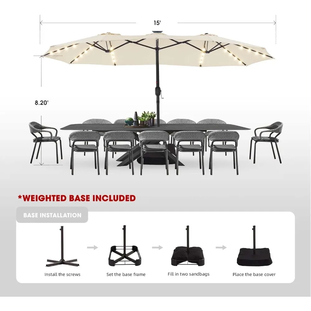 Patio Umbrellas for Double Sided with Base, Crank Handle and Superior Resistance, 15ft Outdoor Umbrella