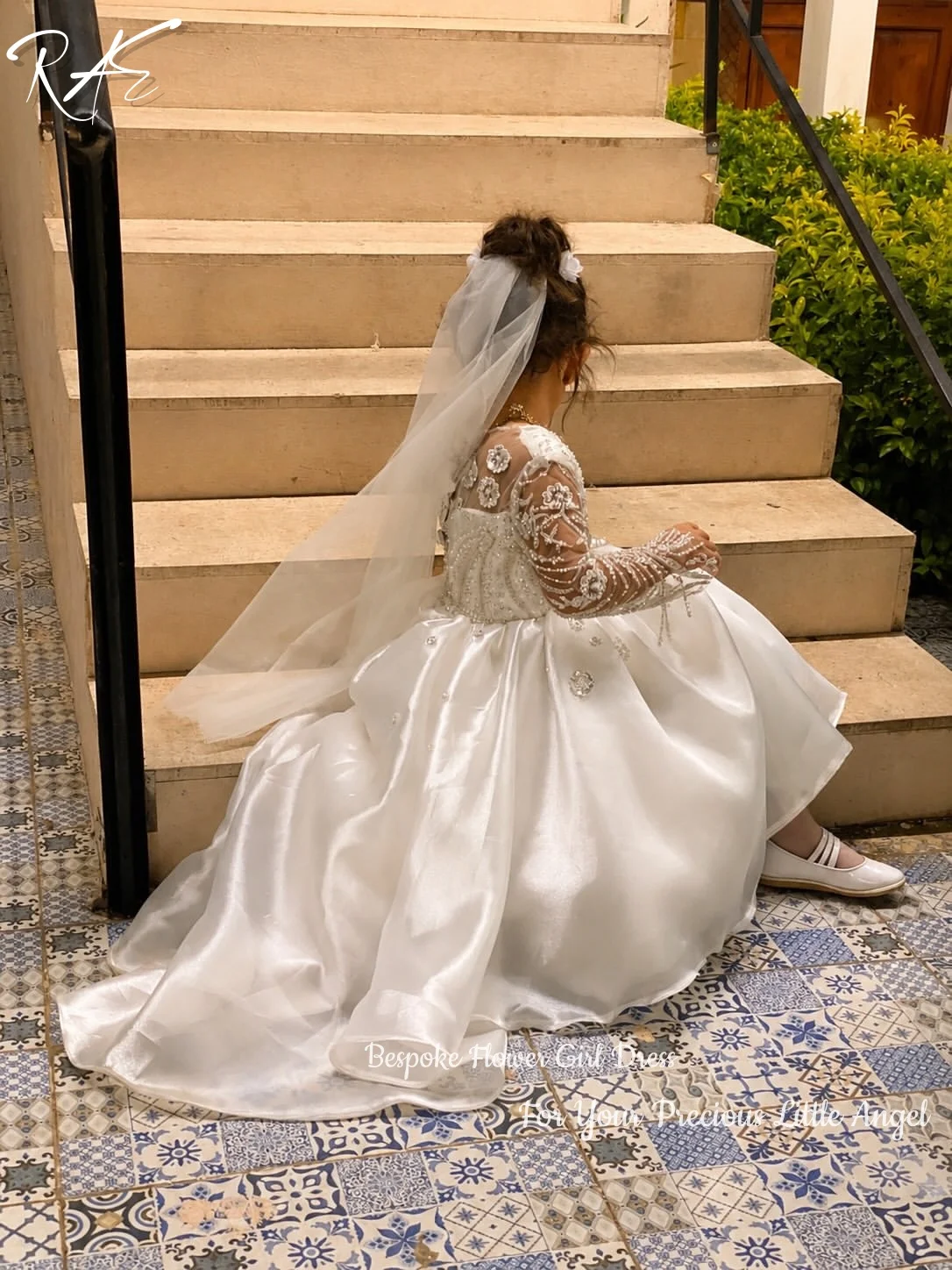 Ivory Lace Long Sleeve Flower Girl Dress Beaded Bodice Satin Layered High Low Hem Wedding Communion Formal Gowns Customized