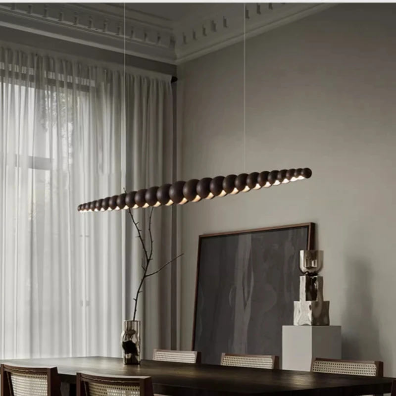 Modern Wooden Beads Long Linear Led Pendant Lights Dimmable With Rc Indoor Hanging Lamp Kitchen Island Dining Living Room Office