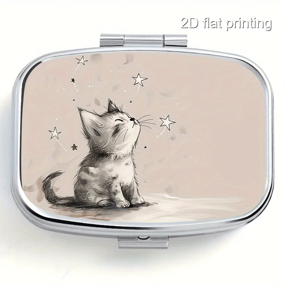 1PC Star Cat Pattern 2-Compartment Square Metal Pill Box, Portable Travel Case for Pills & Jewelry