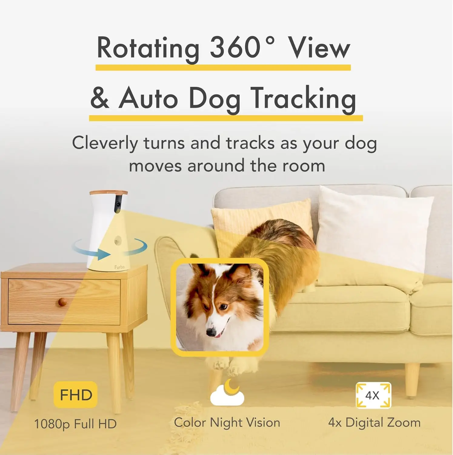 Home Security Camera with Barking Alerts, Rotating Pet Treat Camera with Phone App, Smart Home Indoor