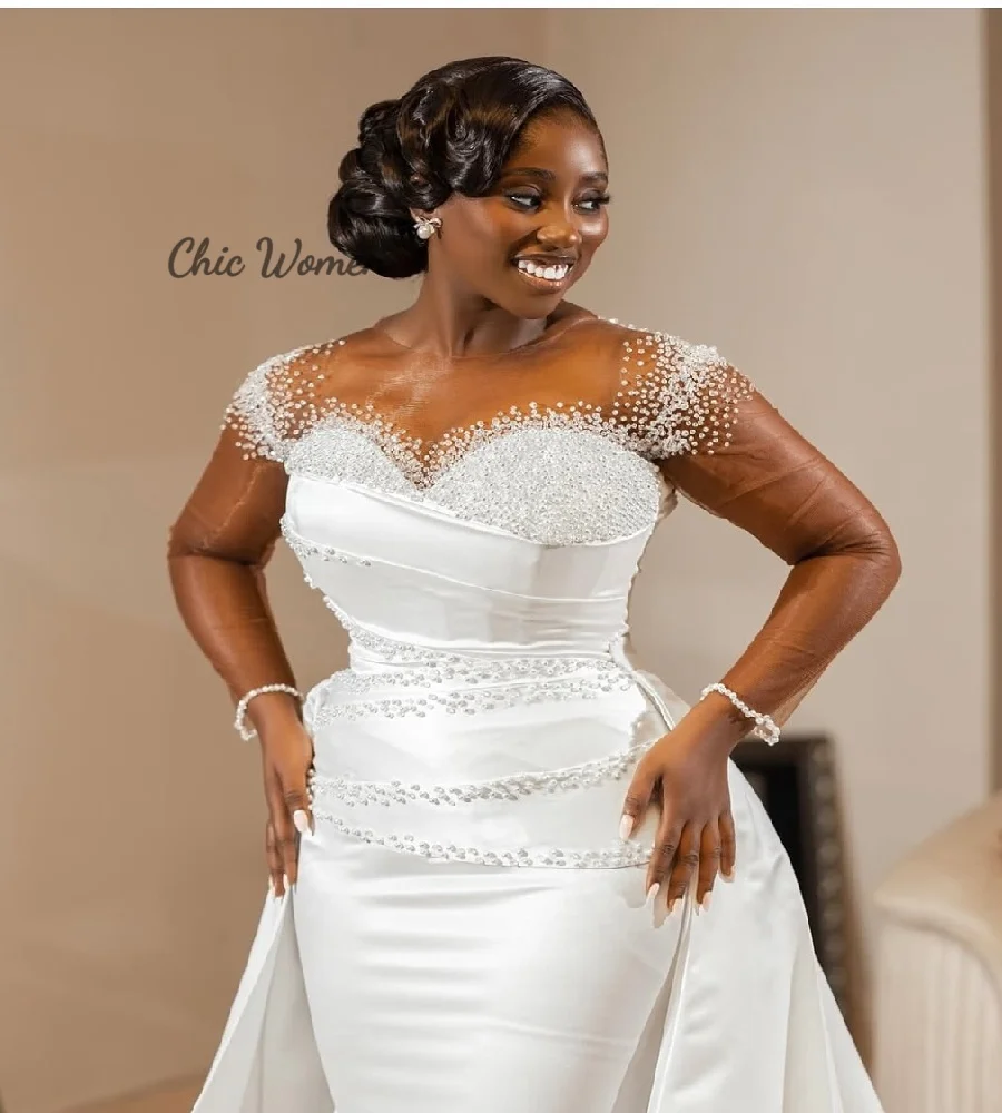 Romantic Mermaid Wedding Dress With Detachable Train Pearl African Plus Size Bridal Dress 2025 Long Sleeve 2 In1 Gown Customized