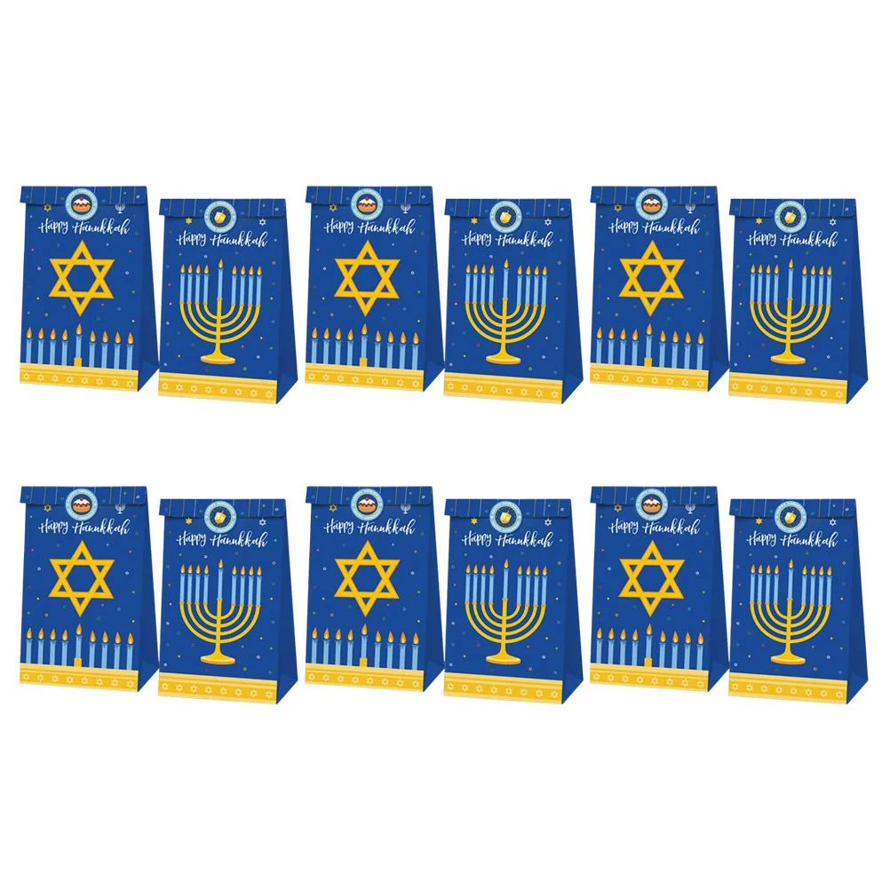 

12 Pcs Hanukkah Jewish New Year Holiday Gift Bag Nine-headed Menorah Pattern Birthday Candy 12pcs Party Supply Paper Adorable