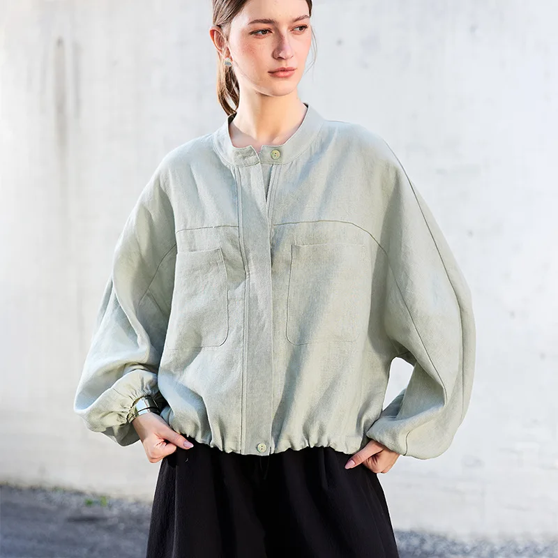 High-end Pure Linen Jacket Short Loose Casual Women's Autumn Simple Stand-up Collar Jacket Silhouette Old Money Wind Linen