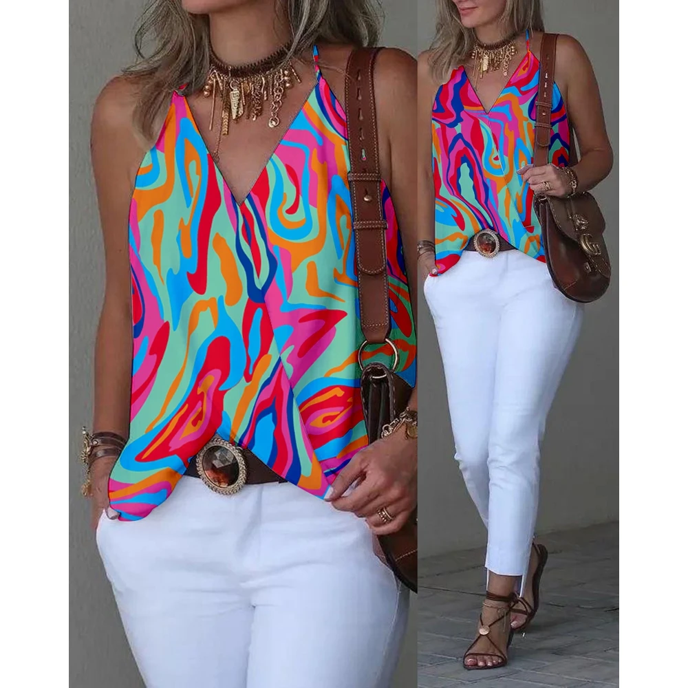 

Summer Women Abstract Print Sleeveless Casual Tank Top T-shirt V-Neck Fashion Femme Casual Halter Blouses Outfits Streetwear