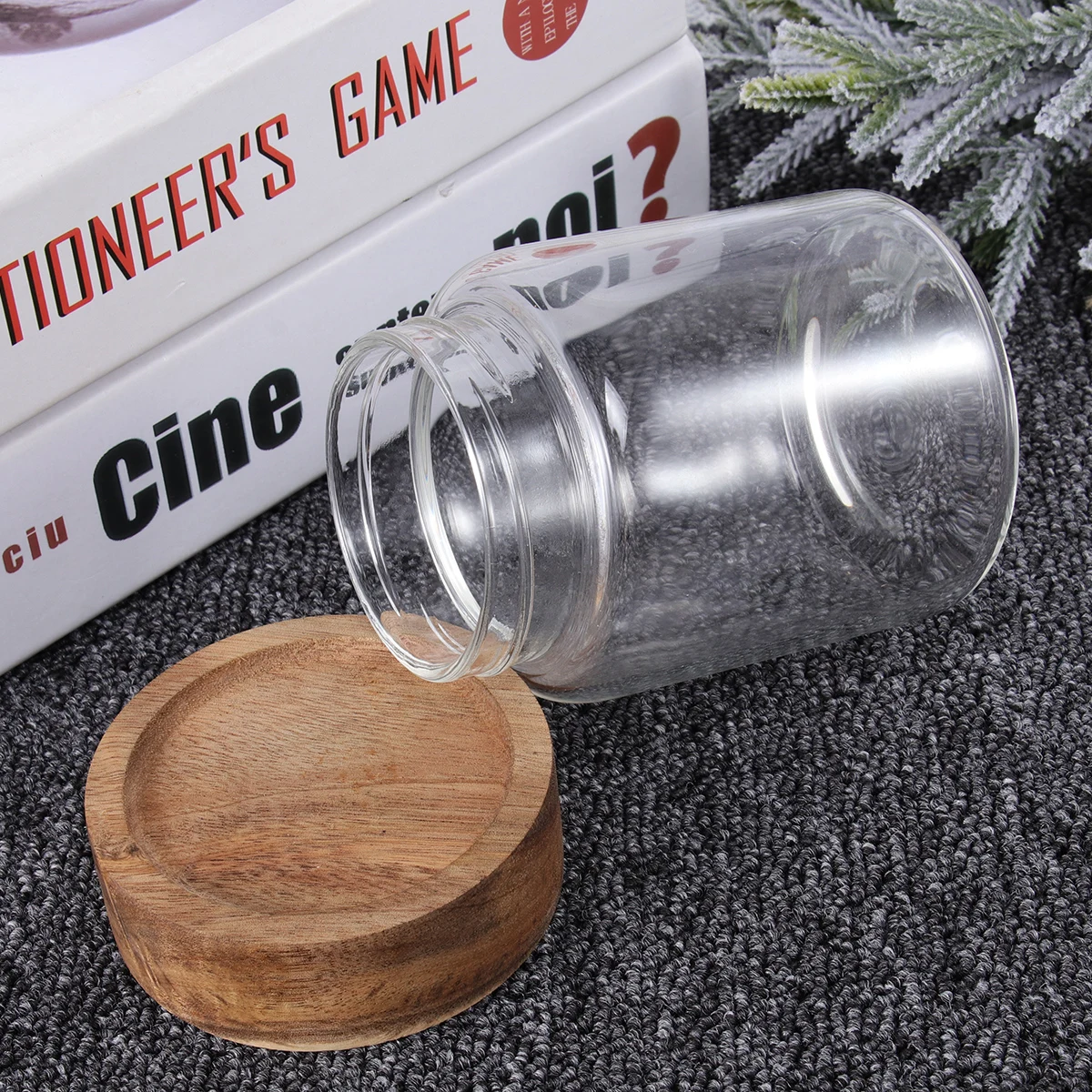 

Storage Containers with Lids Glass Bottle Wooden Cover Sealed Jar Food Transparent Kitchen Flour
