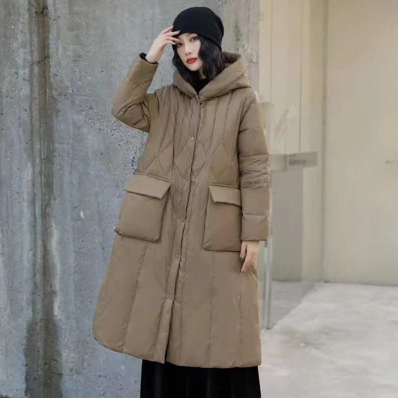 Hooded Long Down Coat with Zipper, White Duck Down, Thickened Warm Overcoats, New Fashion, Fall and Winter 2024