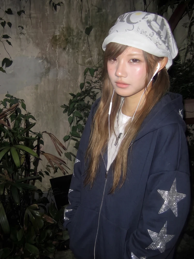 Tonngirls Y2k Japanischer Zip-up Hoodie für Damen, Strass-Stern, lockerer Pullover, amerikanischer Retro-Vintage-Kapuzenmantel, Ästhetik der 2000er Jahre – Detail 8