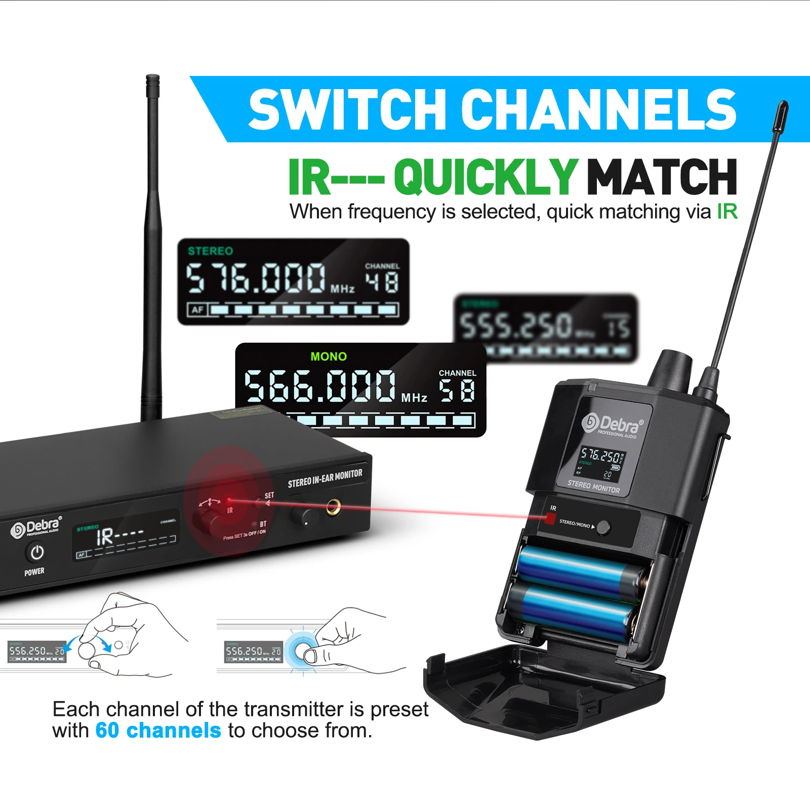 ST-102&ST-202 professional wireless in-ear monitoring system, UHF stereo, distance range 80-150m, suitable for stage, theatre