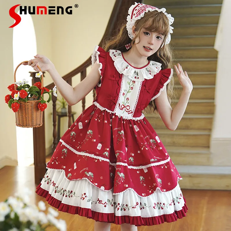 Japanese Sweet Cute Lolita Dress Embroidered Printed Bow Ruffles Splicing Flying Sleeve High Waist A-line Red JSK Dresses Women