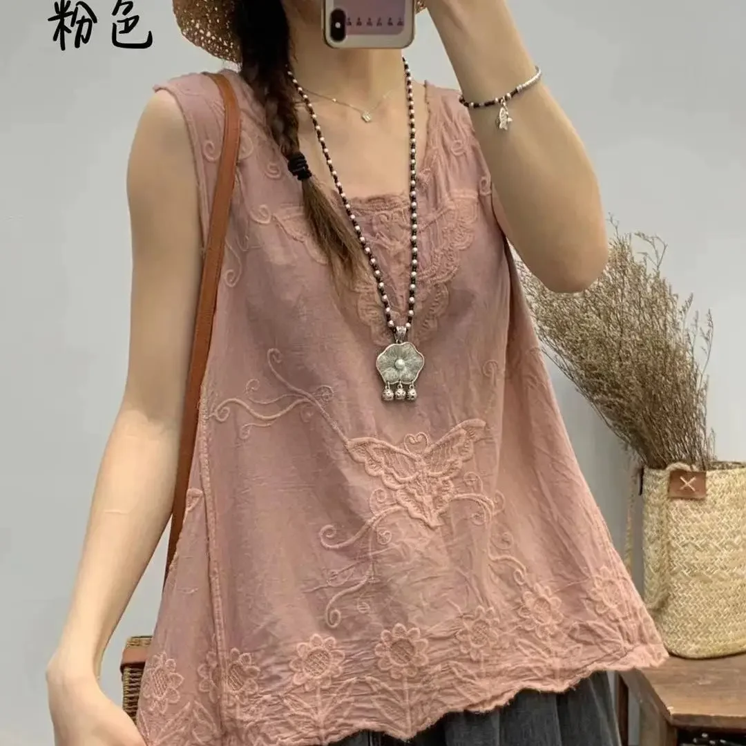 Women's Cotton Linen Vest Butterfly Flowers Embroidered Sleeveless Top