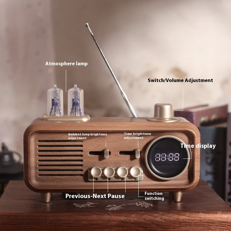 Retro Bluetooth Speaker Radio Walnut Wood Vintage Rotary Fm Radio Led light Music Player Elegant