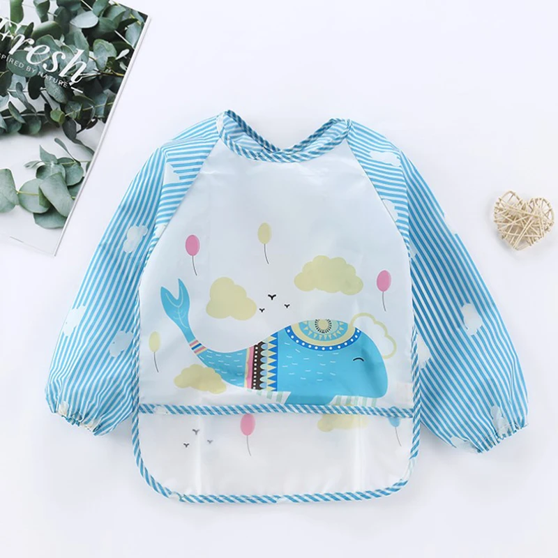 New Baby Kids Toddler Long Sleeve Waterproof Art Smock Feeding Bib Apron Pocket