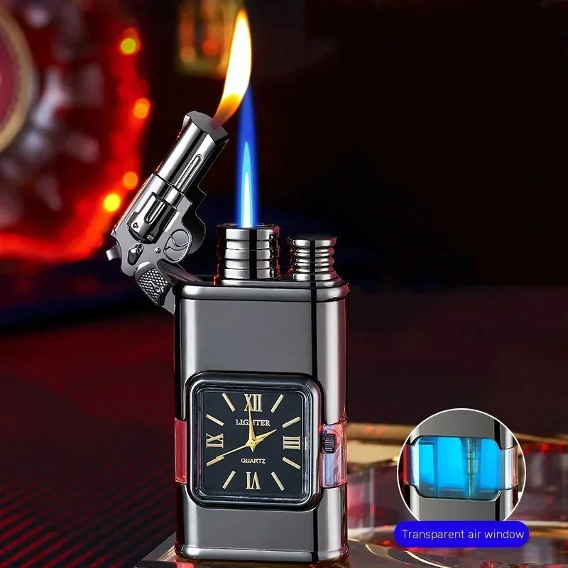 New Portable Metal Creative Blue Flame Lighter Personalized Windproof Elegant Open Flame Double Flame Lighter Men\'s Gift