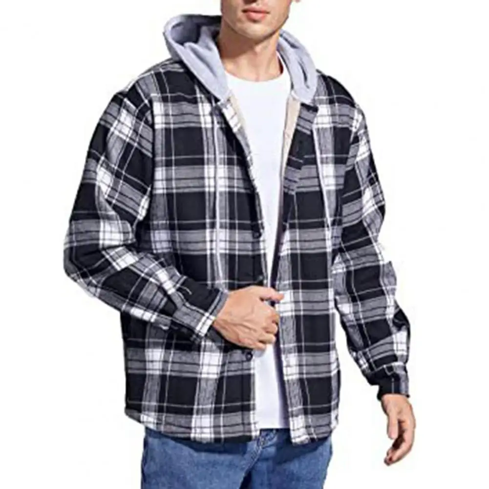 

Men's Cotton Plaid Shirts Jacket Plaid Pattern Jacket Coat Fleece Lined Hooded Drawstring Autumn Winter Thickened Velvet Jacket