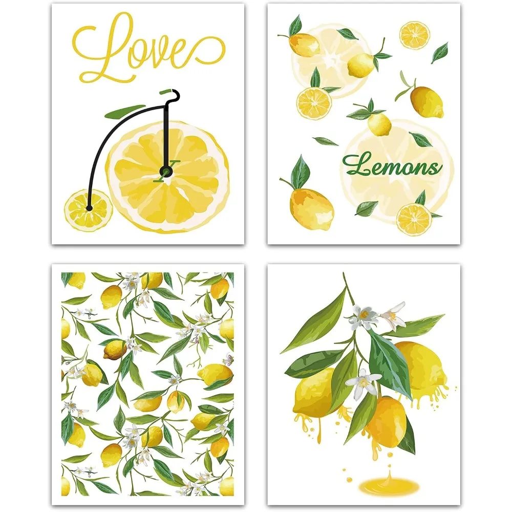 4pcs Lemon Fruit Wall Art Canvas Print Poster Set Home Decor Wall Art Modern Artwork Summer Love for Livingroom Bedroom