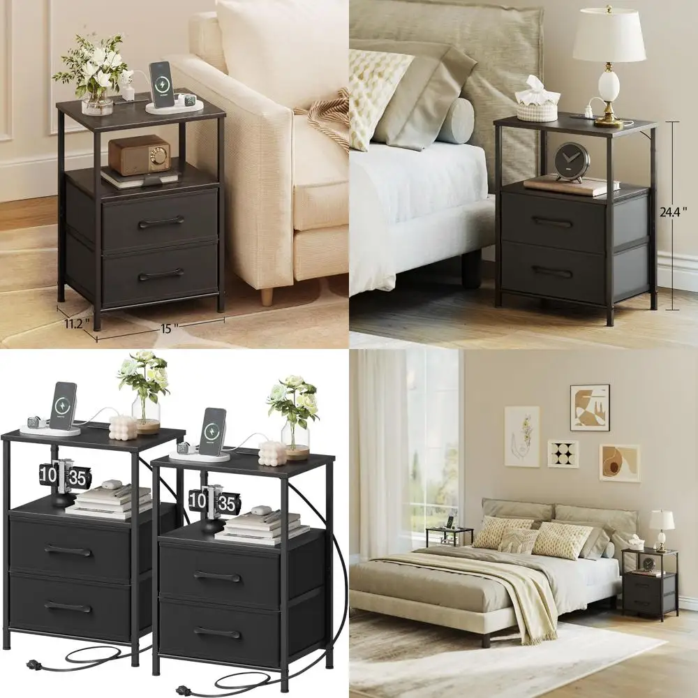 

Комплект из 2-х прикроватных тумбочек с зарядной станцией, тканевыми ящиками, открытой полкой, черный цвет