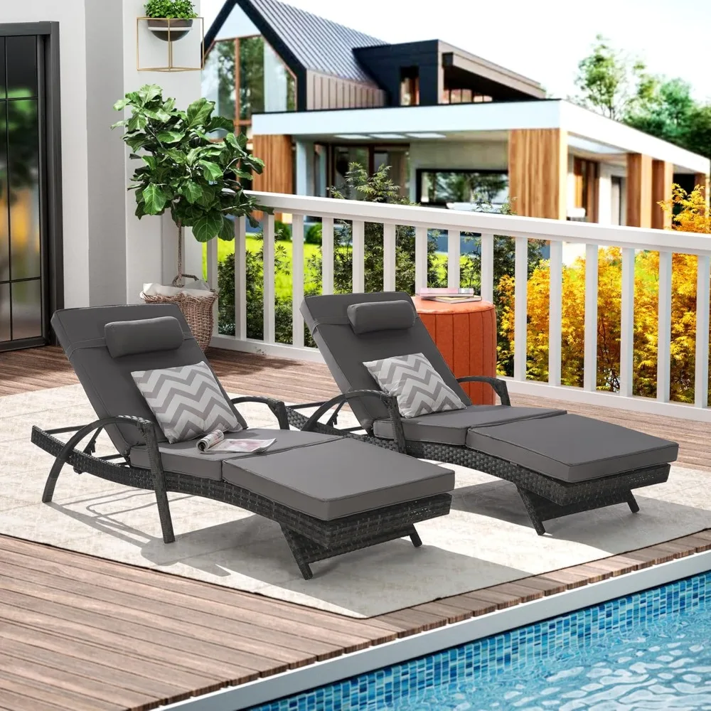 

Outdoor lounge chair set of 2, patio rattan lounge chairs with five-position adjustable backs and removable cushions