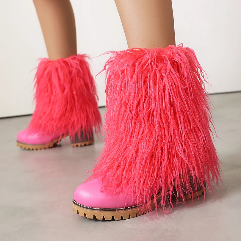 

Tassel Ribbon Fur Patchwork PU Sleeve Women's Short Boots Plush Lining Round Toe Platform Wood Grain Thick Heel Hairy Shoes